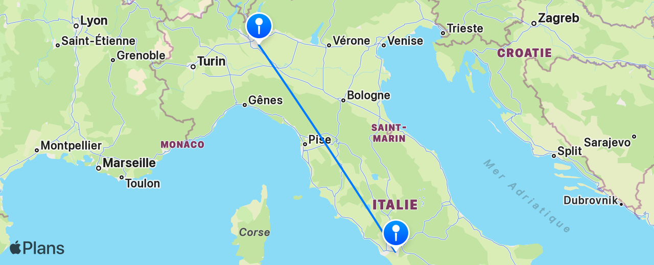 Carte du vol de Rome vers Milan