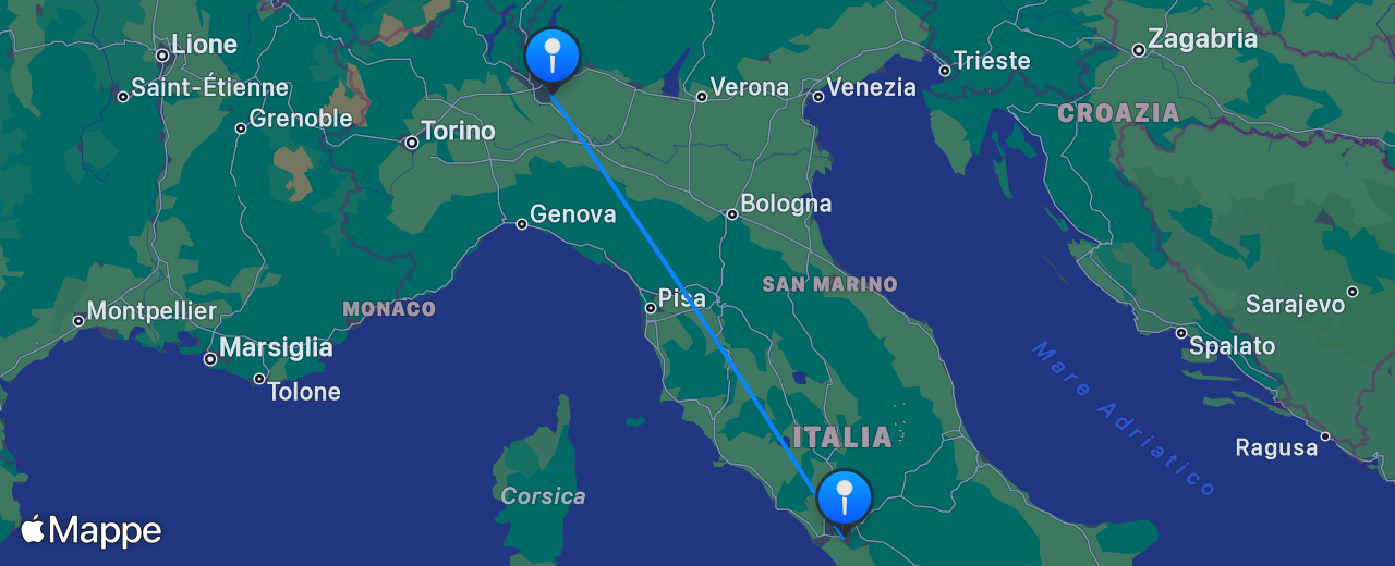 Mappa del volo da Milano a Roma