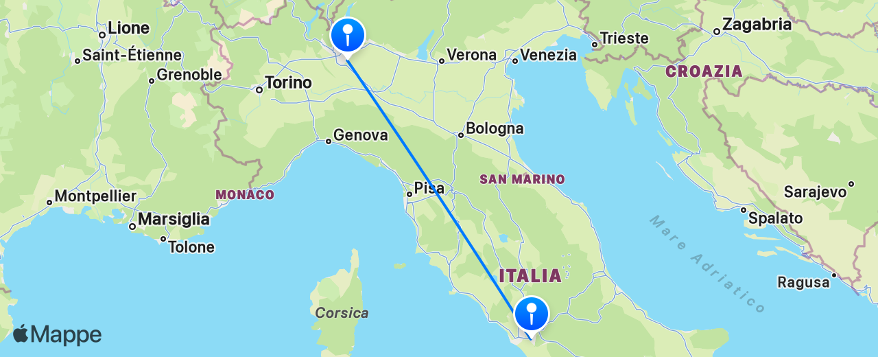 Mappa del volo da Milano a Roma