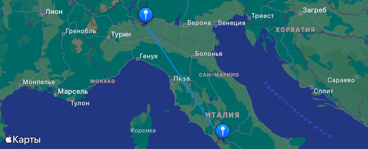Карта перелёта Милан — Рим