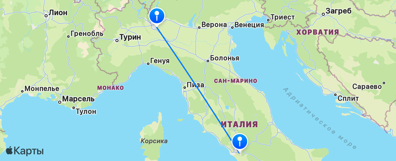 Карта перелёта Милан — Рим