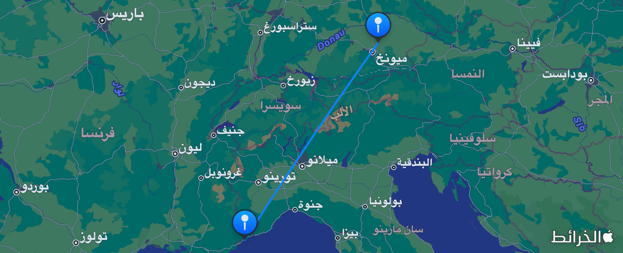 خريطة الرحلة من ميونخ إلى نيس