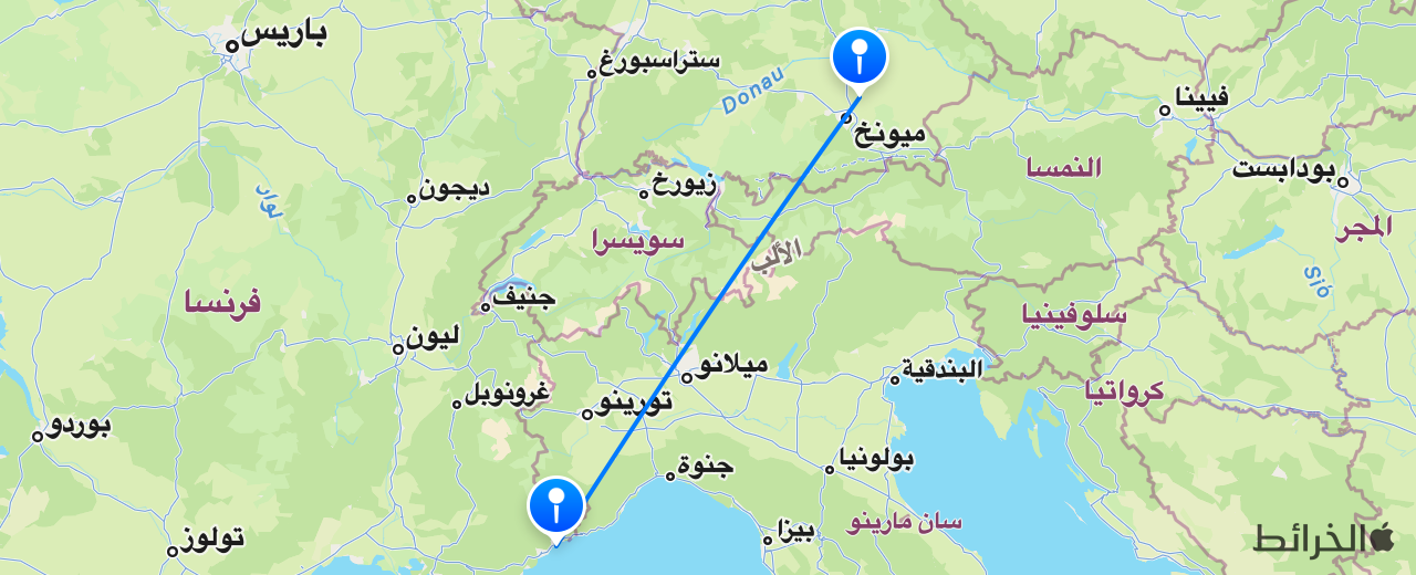 خريطة الرحلة من ميونخ إلى نيس