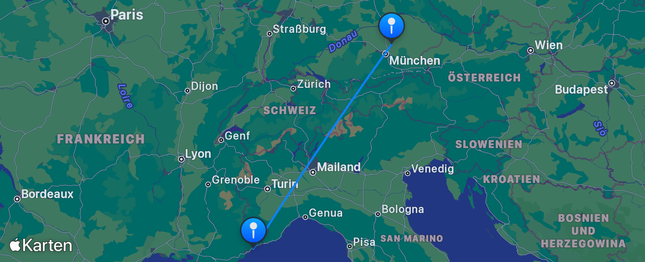 Karte des Flugs von München nach Nizza