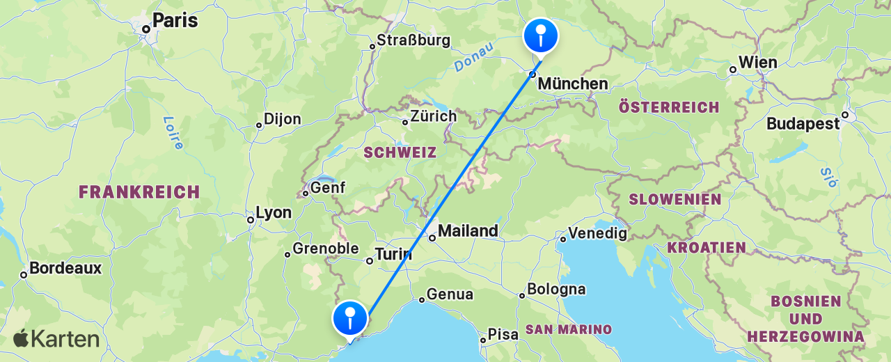 Karte des Flugs von München nach Nizza