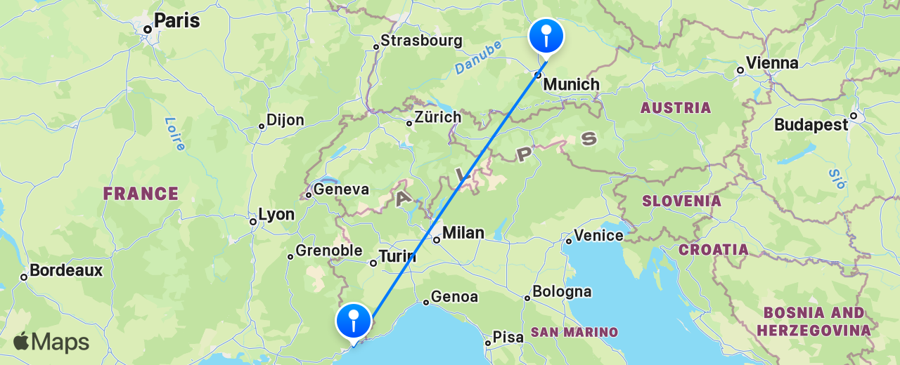 Map of the flight from Munich to Nice