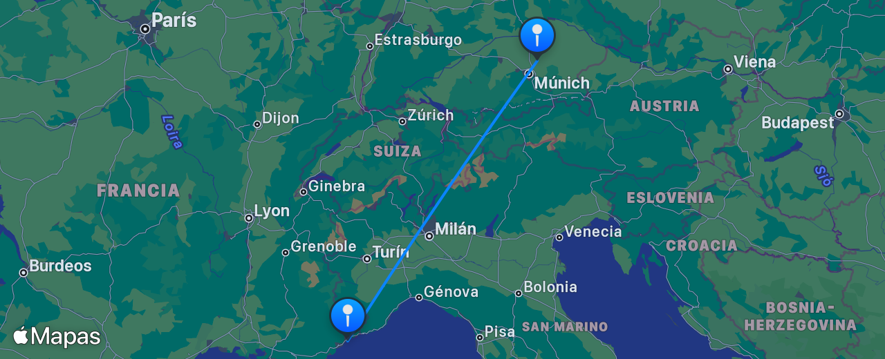 Mapa del vuelo de Múnich a Niza