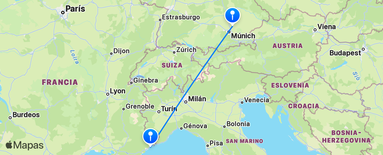 Mapa del vuelo de Múnich a Niza