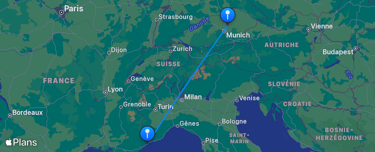 Carte du vol de Munich vers Nice