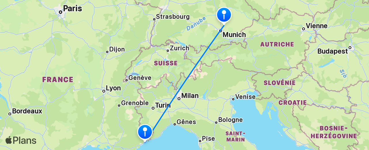 Carte du vol de Munich vers Nice