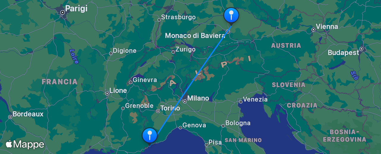 Mappa del volo da Monaco di Baviera a Nizza