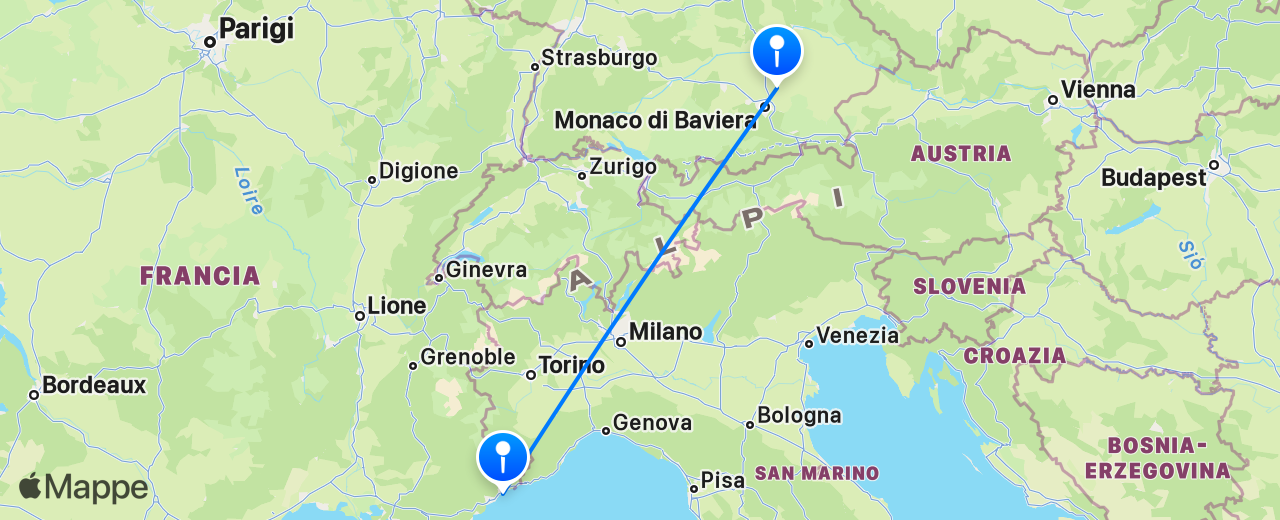 Mappa del volo da Monaco di Baviera a Nizza