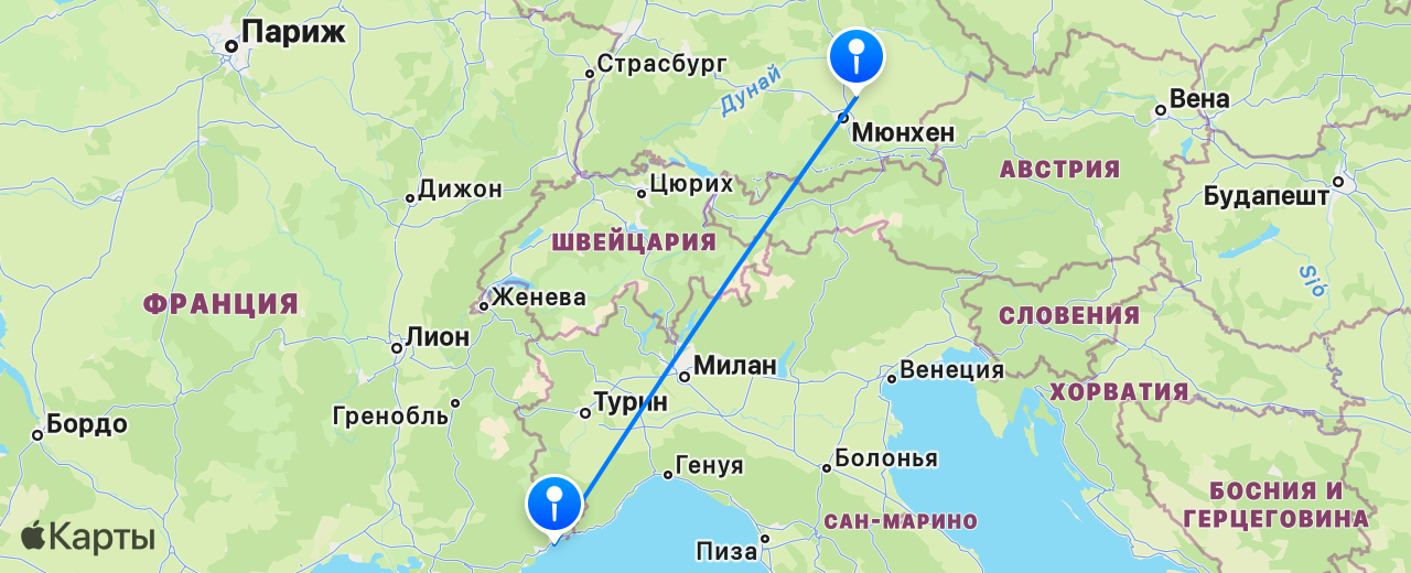 Карта перелёта Ницца — Мюнхен
