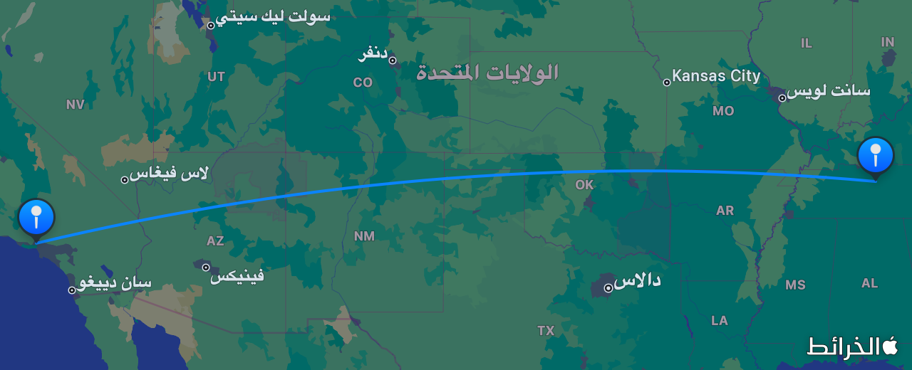 خريطة الرحلة من لوس أنجلوس إلى ناشفيل