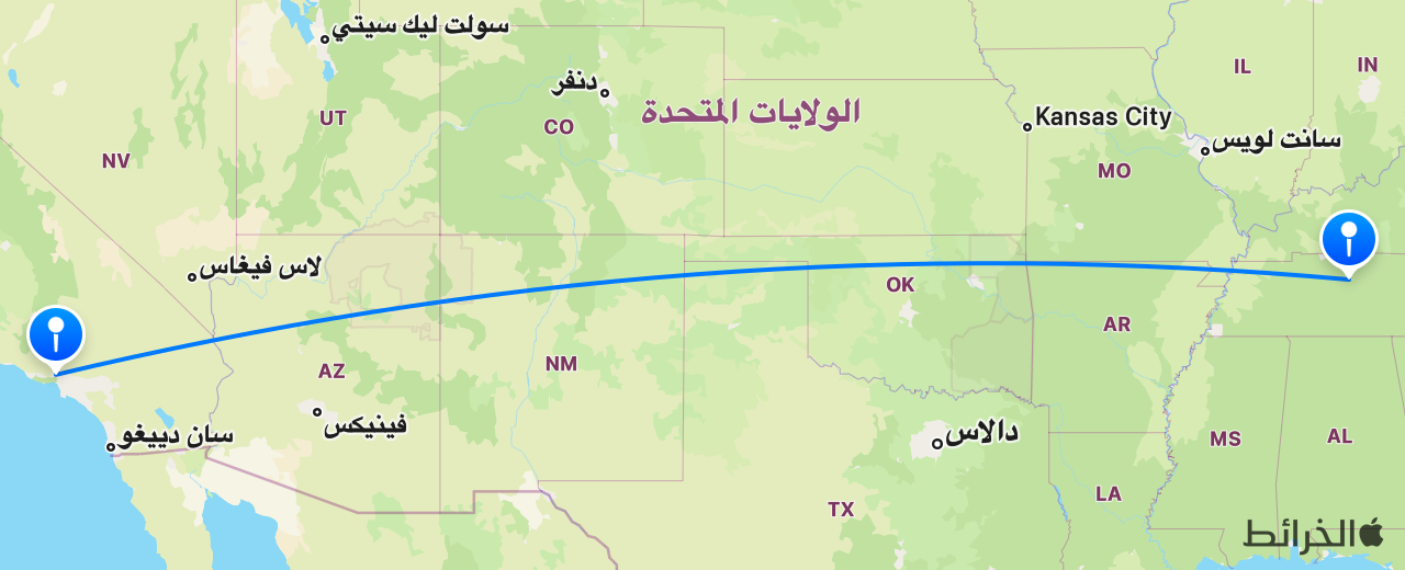 خريطة الرحلة من لوس أنجلوس إلى ناشفيل