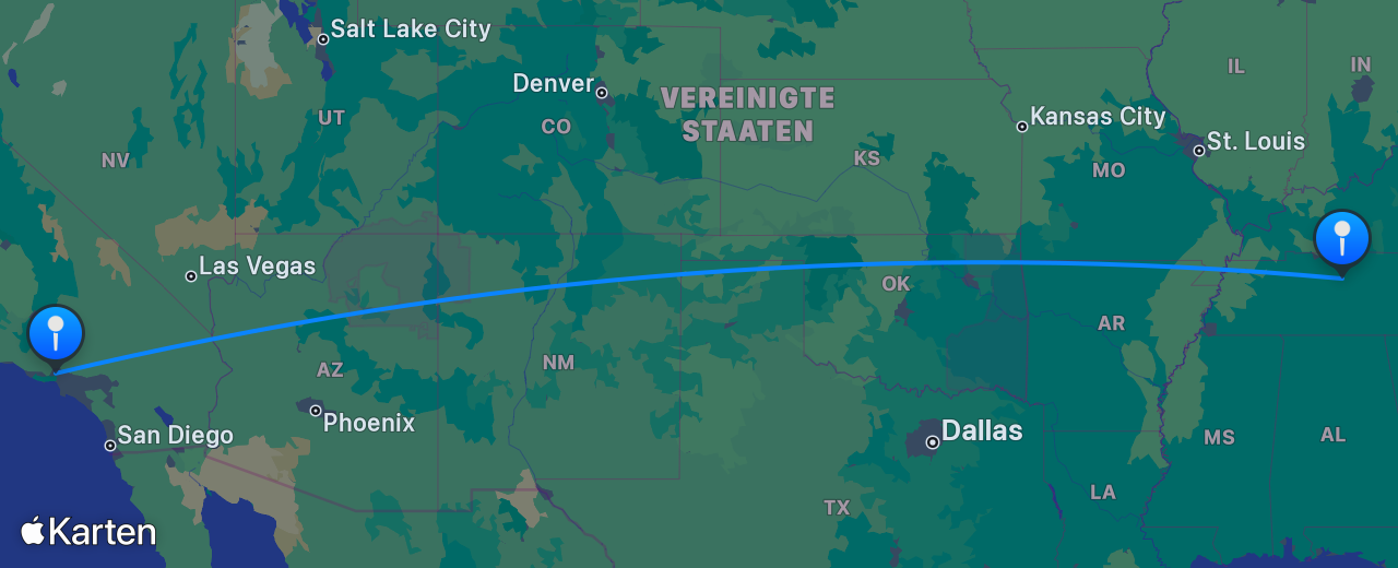 Karte des Flugs von Los Angeles nach Nashville