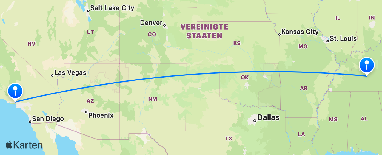 Karte des Flugs von Los Angeles nach Nashville