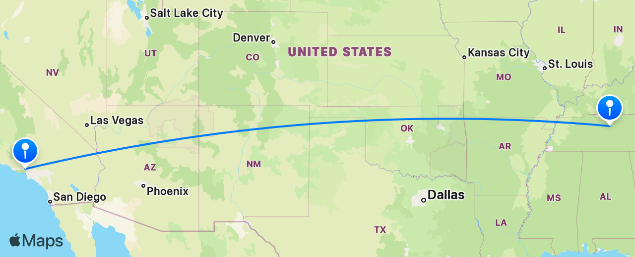 Map of the flight from Los Angeles to Nashville