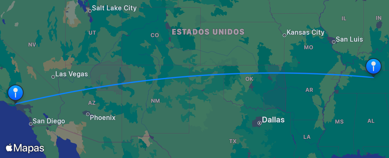 Mapa del vuelo de Los Angeles a Nashville