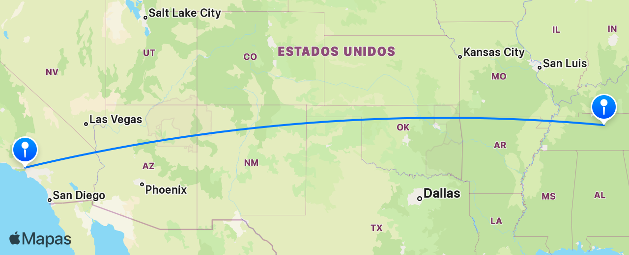 Mapa del vuelo de Los Angeles a Nashville