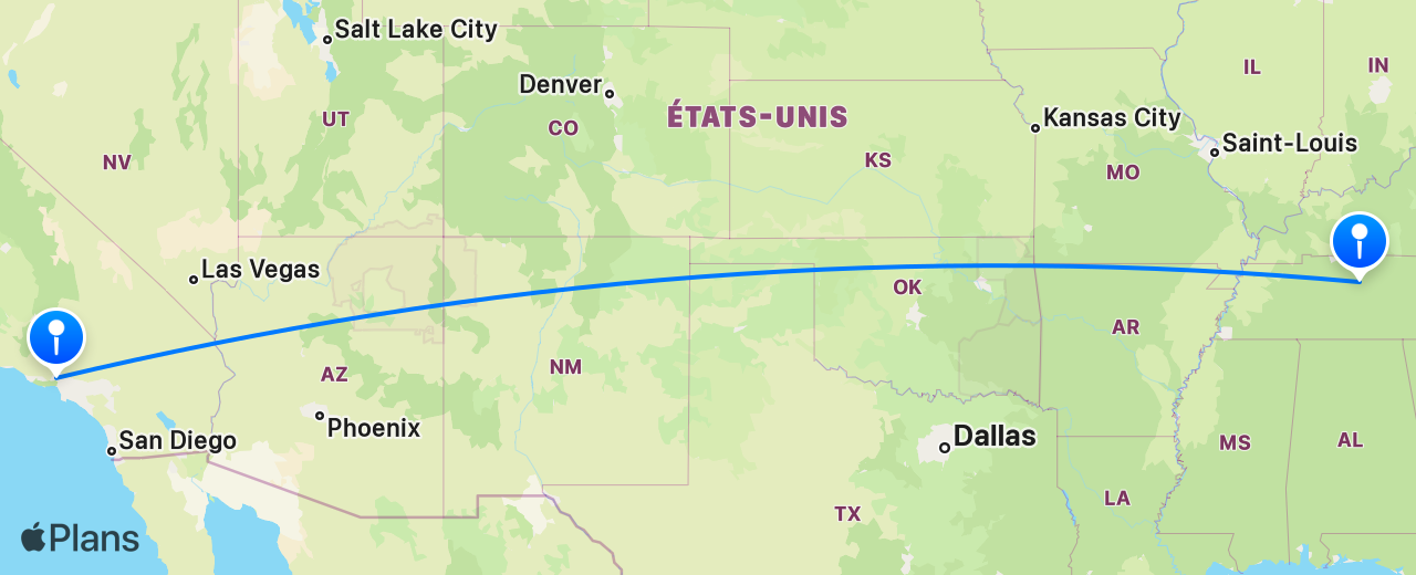 Carte du vol de Los Angeles vers Nashville
