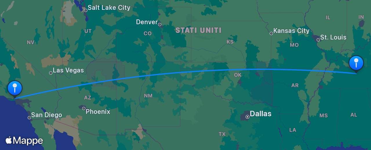Mappa del volo da Los Angeles a Nashville