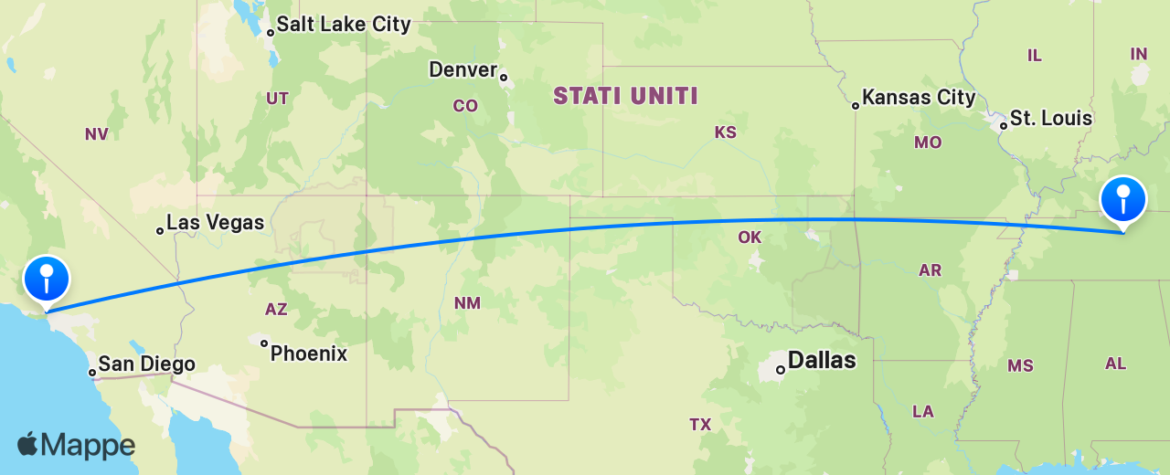 Mappa del volo da Los Angeles a Nashville