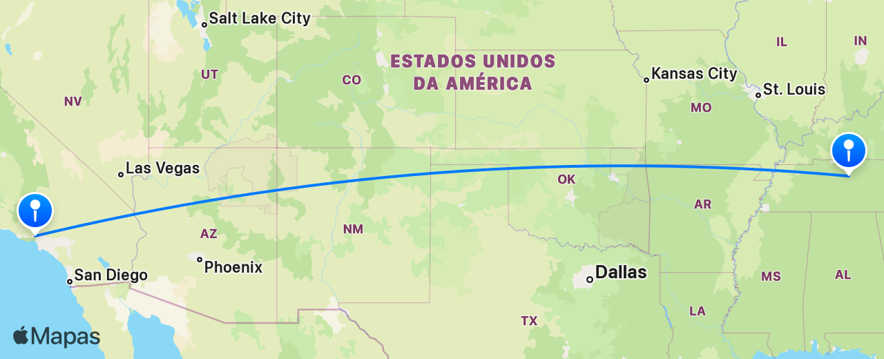 Mapa do voo de Nashville para Los Angeles