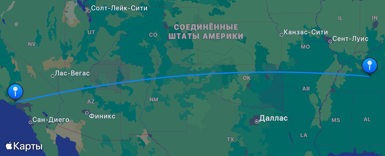 Карта перелёта Лос-Анджелес — Нашвилл
