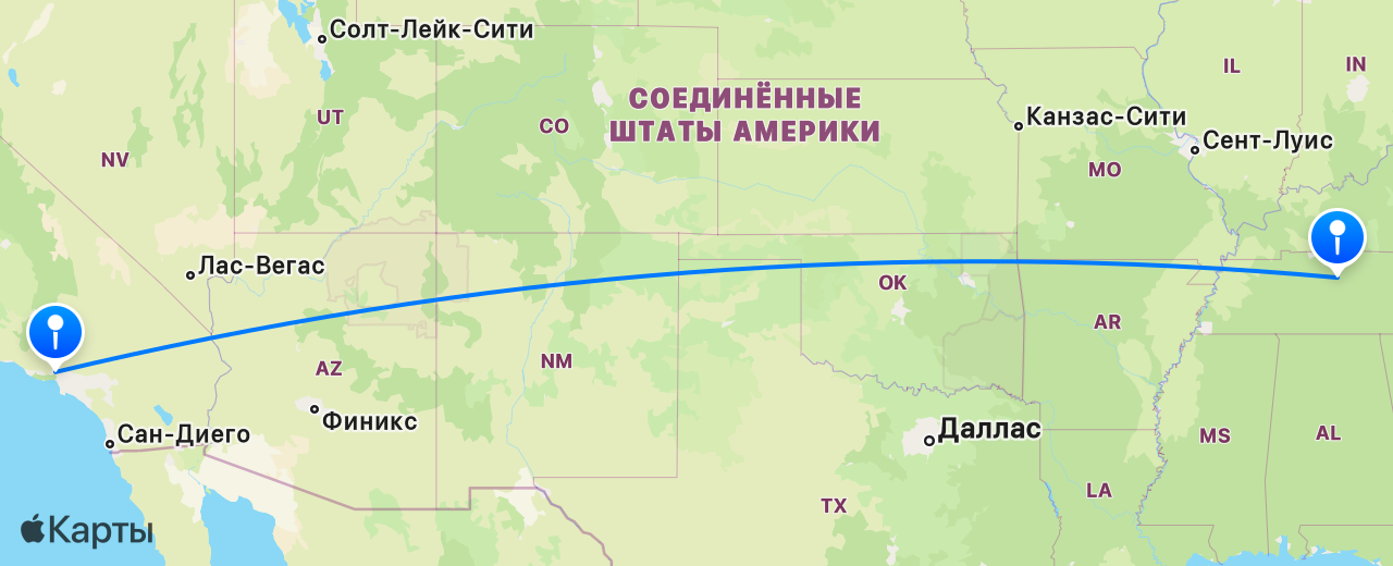 Карта перелёта Лос-Анджелес — Нашвилл
