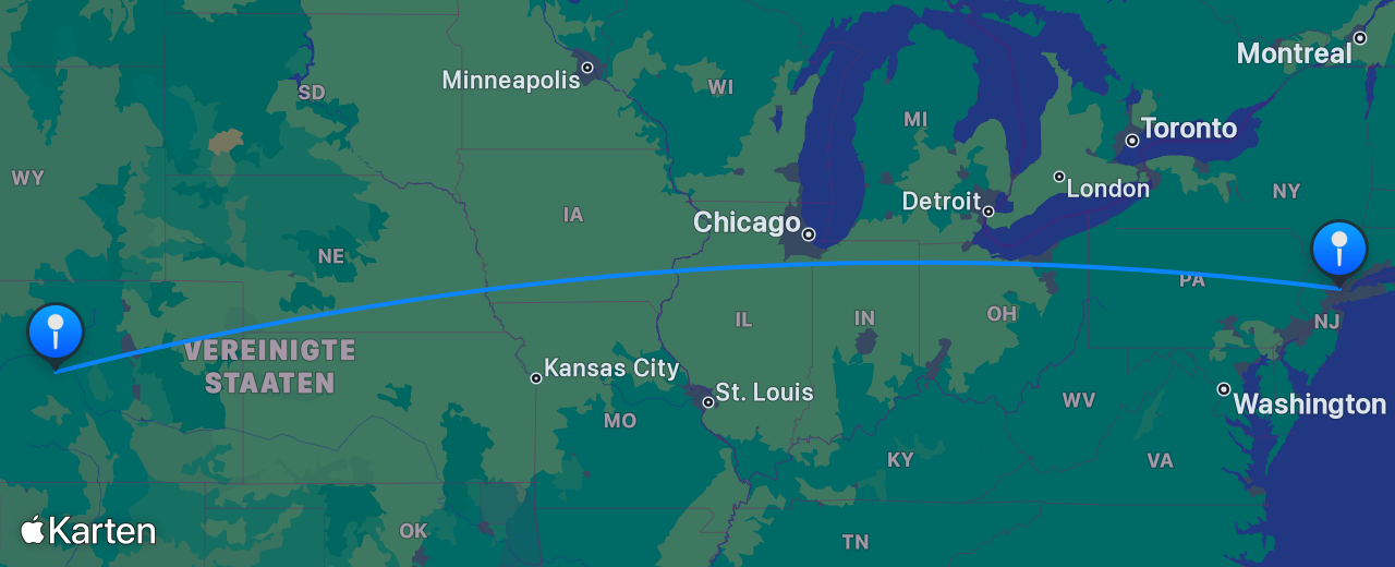 Karte des Flugs von Aspen nach New York