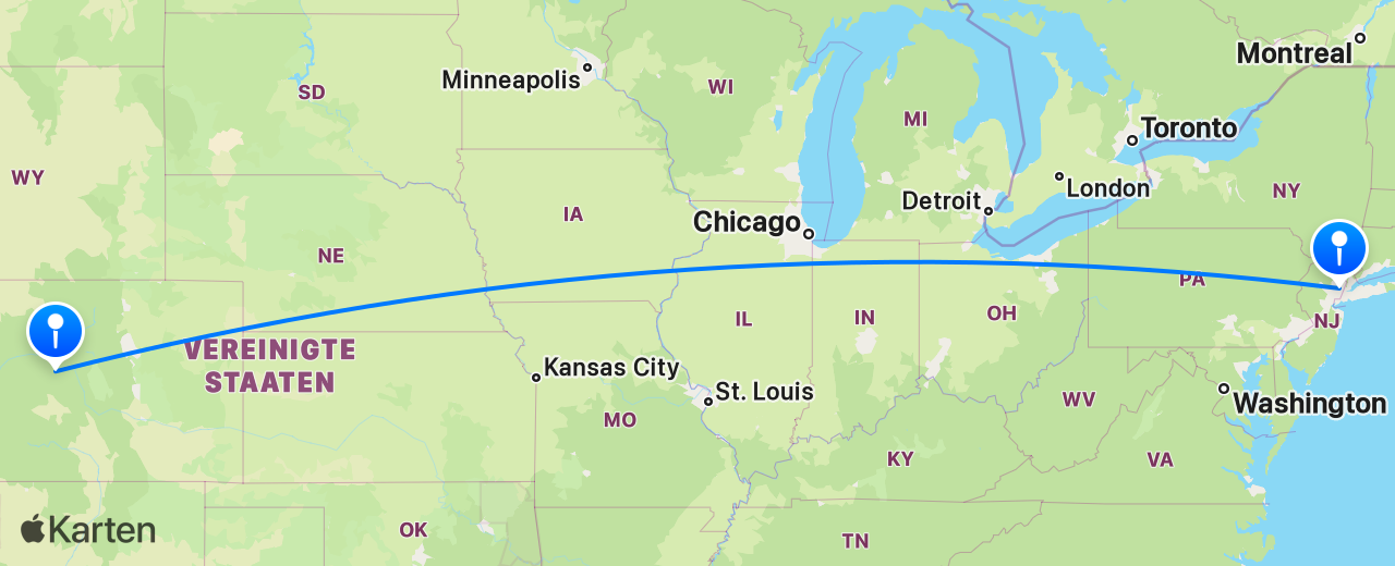 Karte des Flugs von Aspen nach New York
