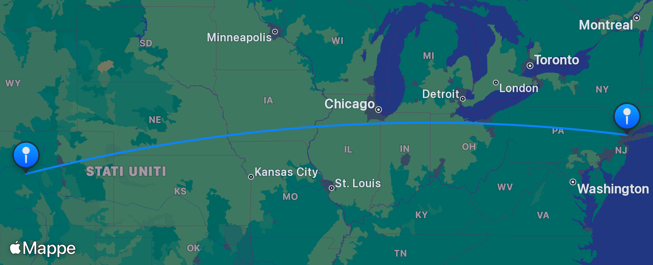Mappa del volo da Aspen a New York