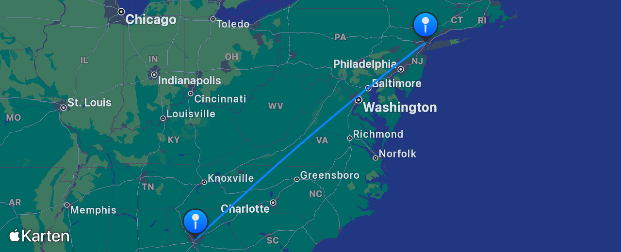 Karte des Flugs von New York nach Atlanta