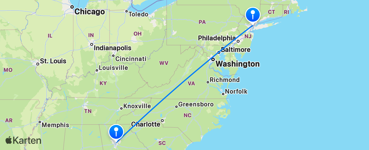 Karte des Flugs von New York nach Atlanta