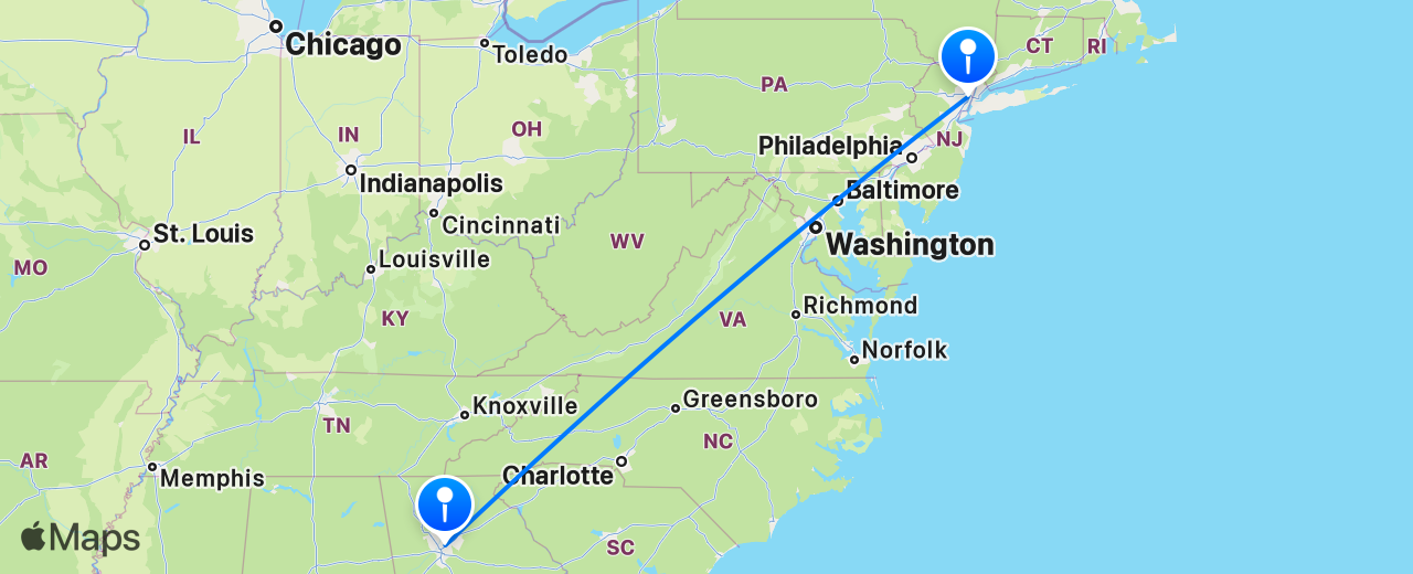 Map of the flight from Atlanta to New York