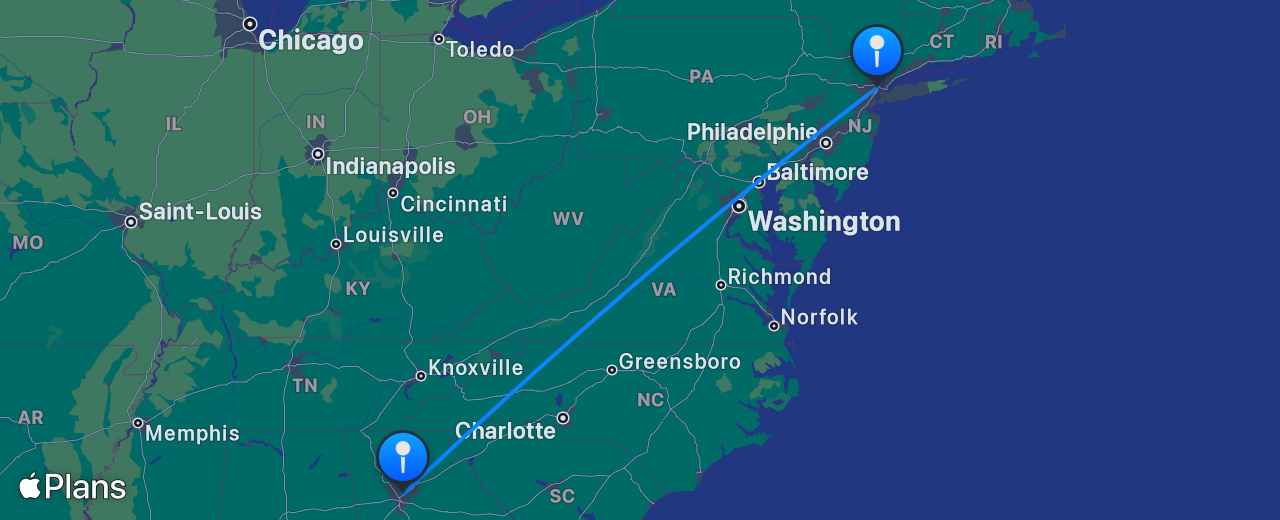 Carte du vol de Atlanta vers New York