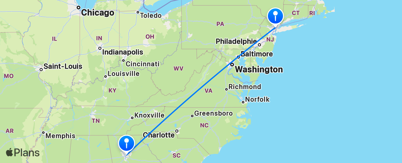 Carte du vol de Atlanta vers New York