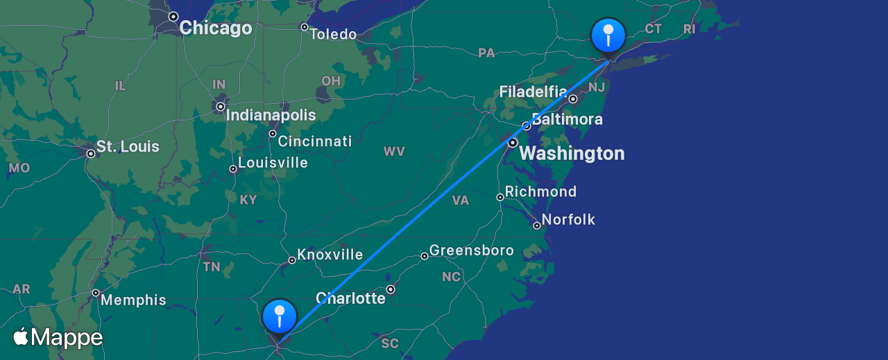 Mappa del volo da New York a Atlanta