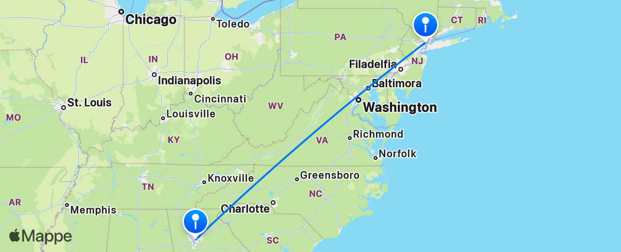 Mappa del volo da New York a Atlanta