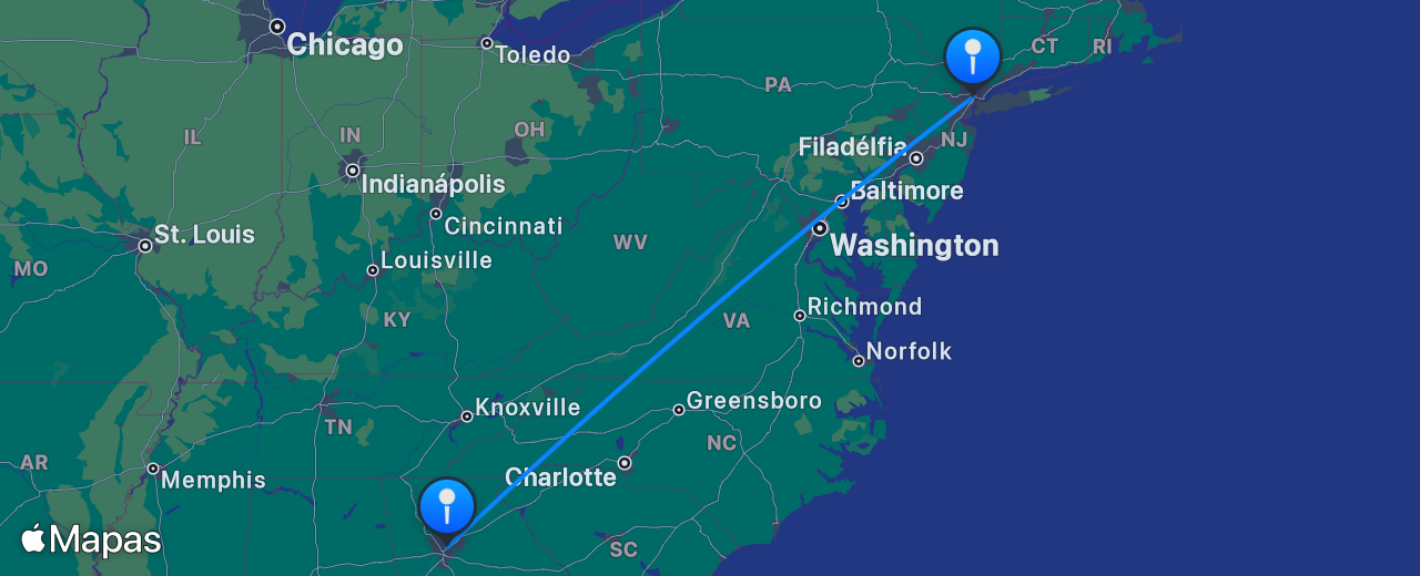 Mapa do voo de Atlanta para Nova York