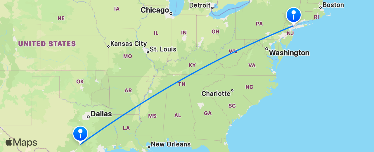 Map of the flight from Austin to New York