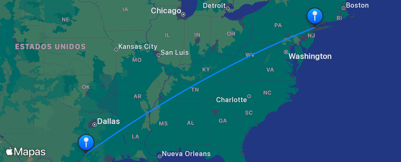 Mapa del vuelo de Austin a Nueva York