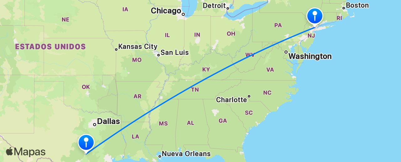 Mapa del vuelo de Austin a Nueva York