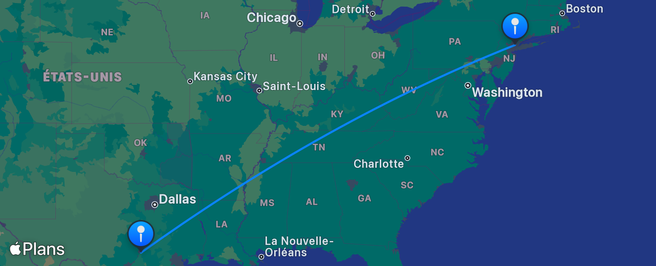 Carte du vol de Austin vers New York