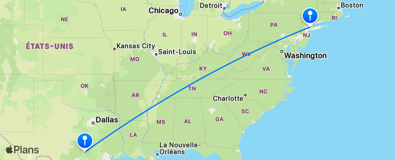 Carte du vol de Austin vers New York