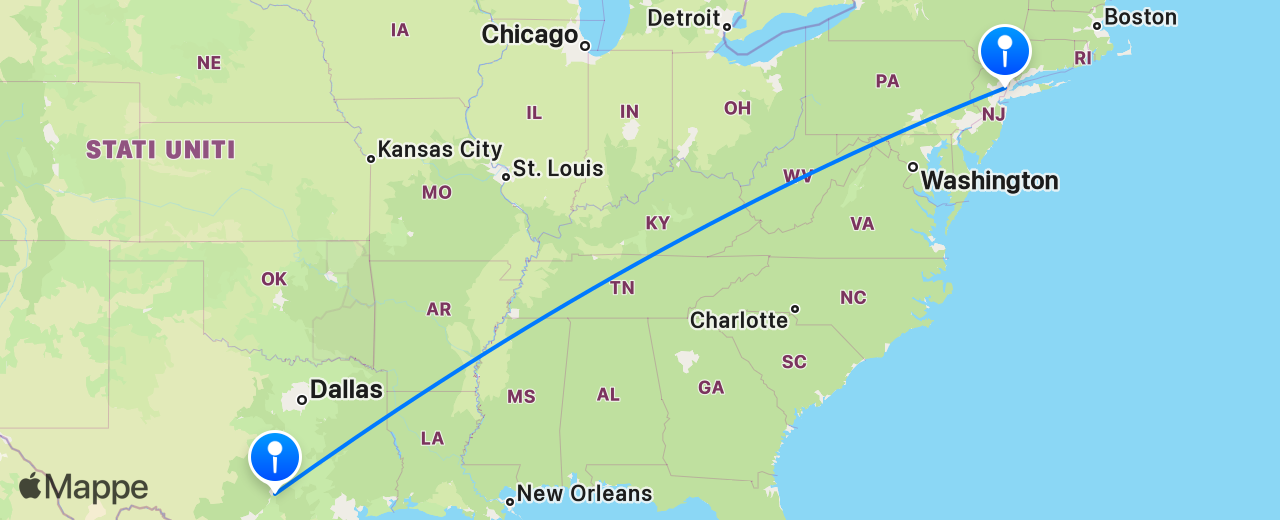 Mappa del volo da Austin a New York