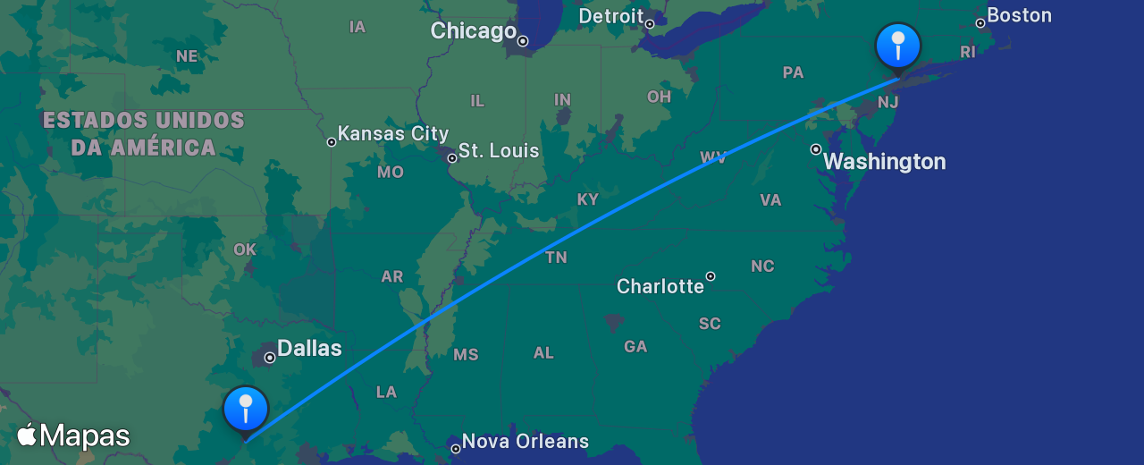 Mapa do voo de Nova York para Austin