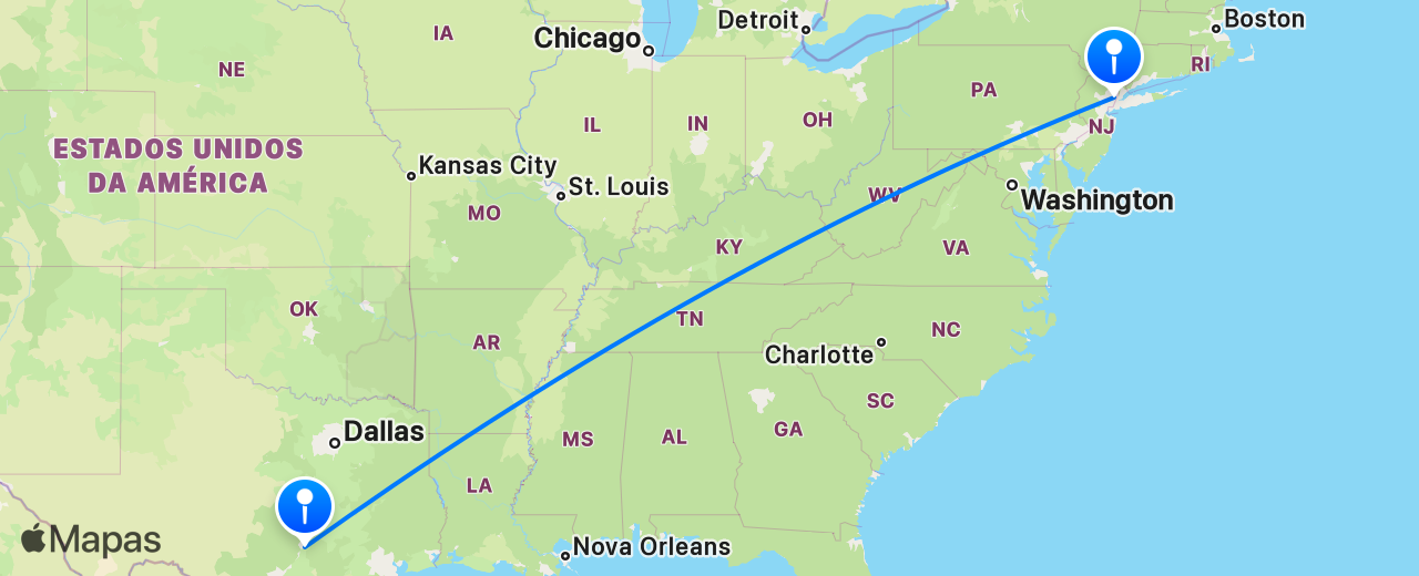 Mapa do voo de Nova York para Austin