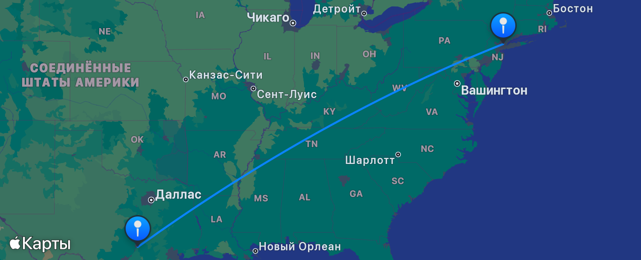 Карта перелёта Остин — Нью-Йорк